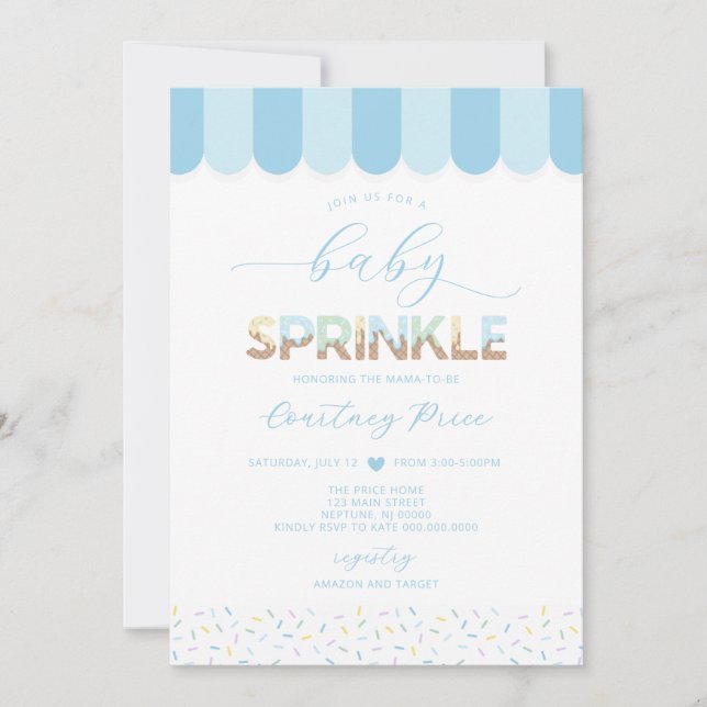 Invitación Ducha de Baby Sprinkle Azul para Bebé (Anverso)