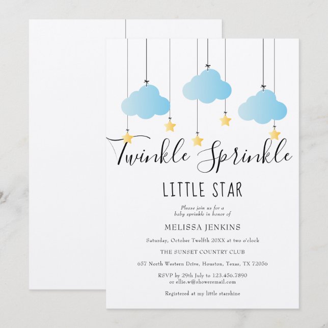 Invitación Ducha de Baby Sprinkle Twinkle Azul Rústico Boho (Anverso / Reverso)