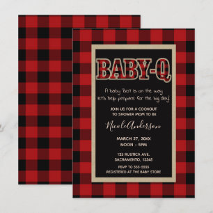 Invitación Ducha de barbacoa BABY Q de cuadros de búfalo rojo