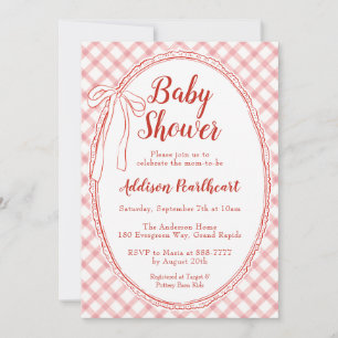Invitación Ducha de Bebe a Cuadros con Encaje de Herencia Roj