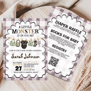 Invitación Ducha de bebé a cuadros Little Monster Clothesline
