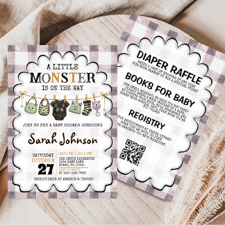 Invitación Ducha de bebé a cuadros Little Monster Clothesline
