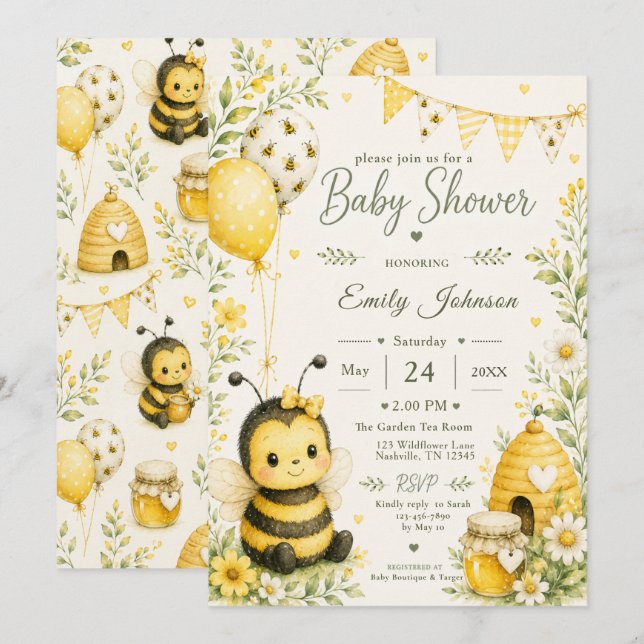 Invitación Ducha de Bebé Abeja (Anverso / Reverso)
