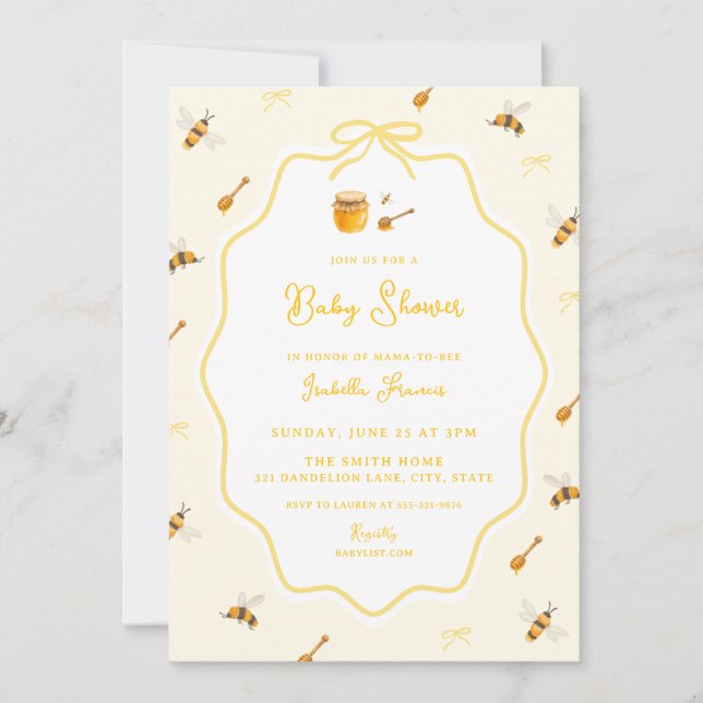 Invitación Ducha de Bebé Abeja de Miel Amarillo Dulce como la (Anverso)