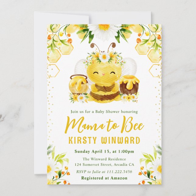 Invitación Ducha de Bebé Abeja de Miel Floral Amarillo Lindo (Anverso)