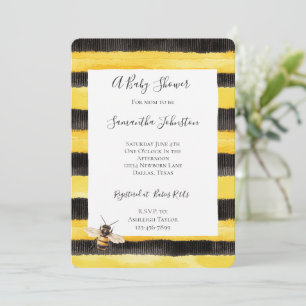 Invitación Ducha de Bebé Abeja Miel Rayas Negras Oro Amarillo
