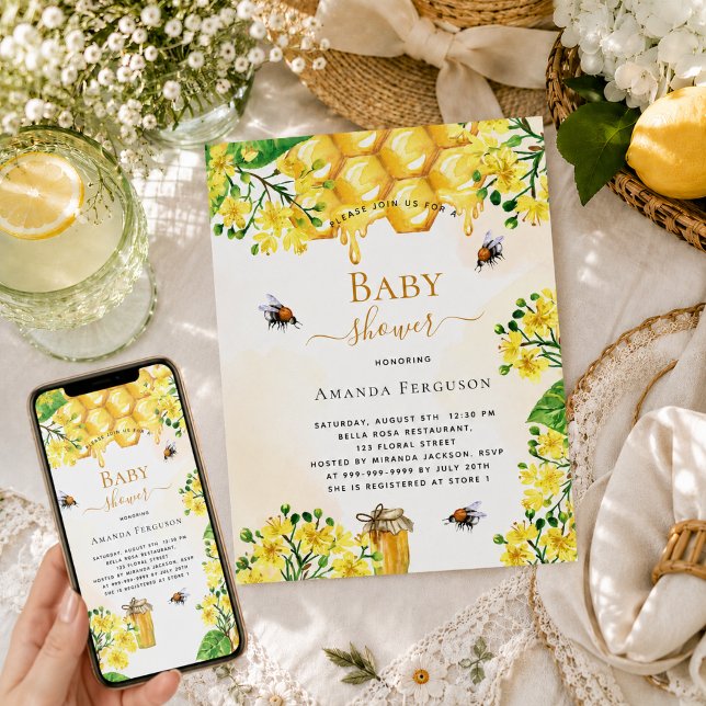 Invitación Ducha de bebé abeja oro amarillo florales lindo  (Subido por el creador)