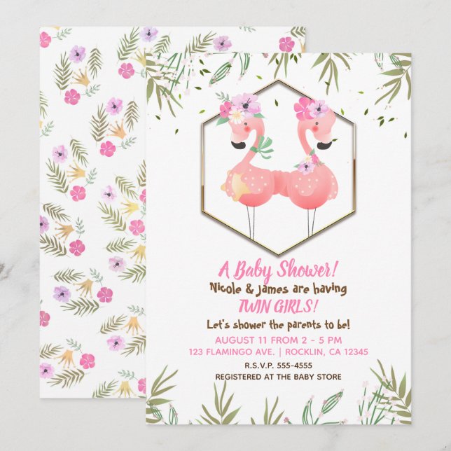 Invitación Ducha de Bebé Acolorada Tropical de Dos Flamingos  (Anverso / Reverso)