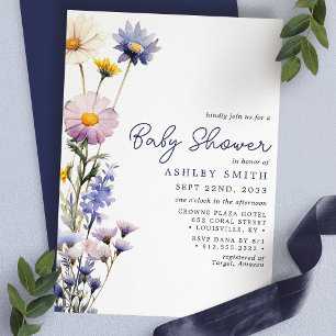 Invitación Ducha de bebé acuarela boho flor silvestre azul