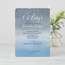 Invitación Ducha de bebé acuarela cielo estrellas doradas azu