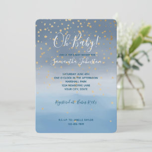 Invitación Ducha de bebé acuarela cielo estrellas doradas azu
