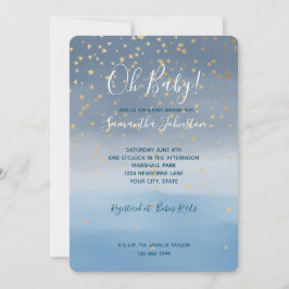 Invitación Ducha de bebé acuarela cielo estrellas doradas azu