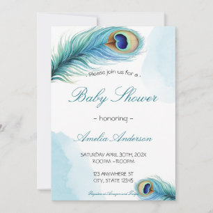 Invitación Ducha de Bebé Acuarela Elegante Pluma de Pavo Real