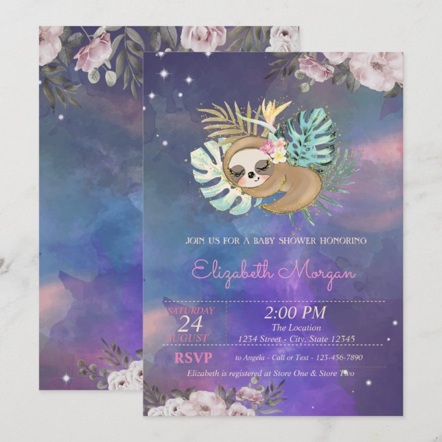 Invitación Ducha de Bebé Acuarela Floral Perezoso Durmiendo  (Anverso / Reverso)
