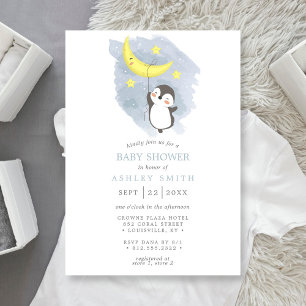 Invitación Ducha de Bebé Acuarela Invierno Luna Pingüino