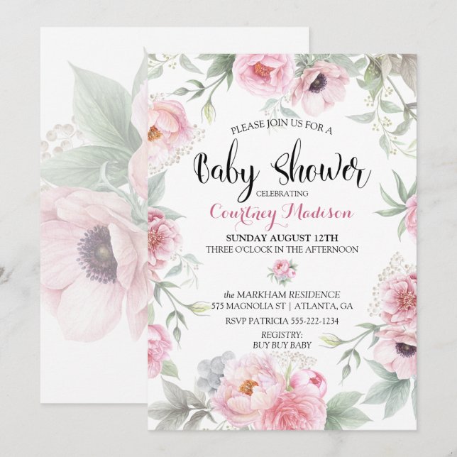 Invitación Ducha de Bebé Acuarela Rosas Flores Rosadas (Anverso / Reverso)
