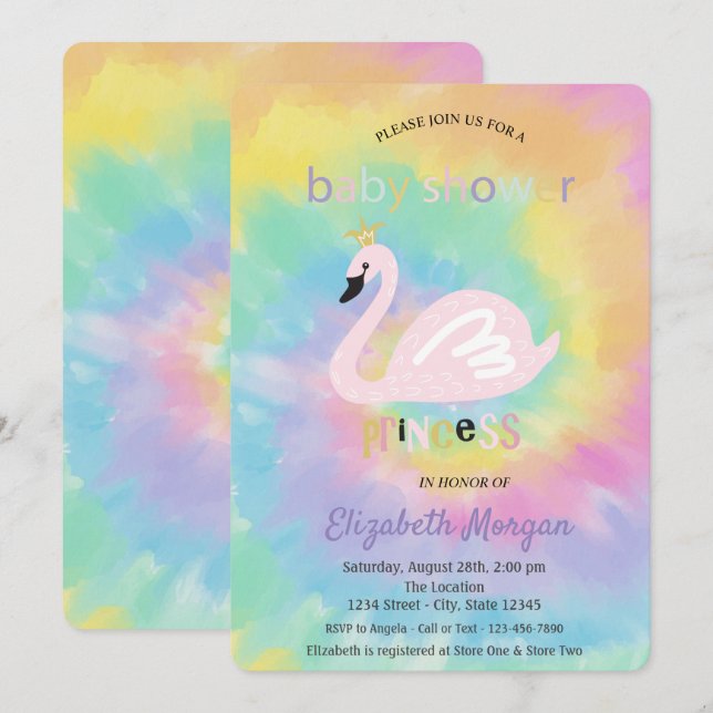 Invitación Ducha de Bebé Adorable de Cisne Tie Dye (Anverso / Reverso)