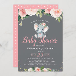 Invitación Ducha de bebé adorable elefante rosa floral