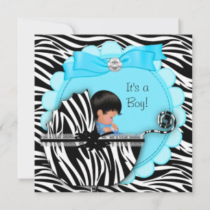 Invitación Ducha de bebé adorable niño azul cebra cochecito