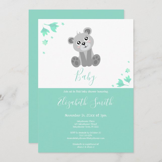 Invitación Ducha de bebé adorable verde (Anverso / Reverso)