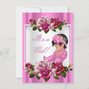 Invitación Ducha de bebé afroamericana niña rosas rosadas