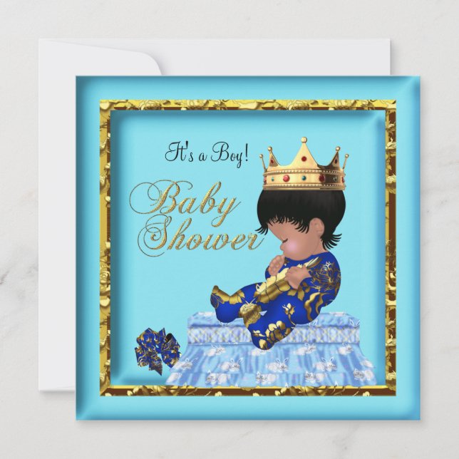 Invitación Ducha de bebé afroamericano azul oro niño (Anverso)