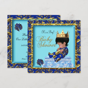 Invitación Ducha de bebé afroamericano azul oro niño