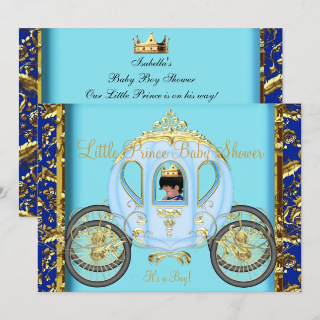Invitación Ducha de bebé afroamericano azul oro niño (Anverso / Reverso)