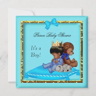 Invitación Ducha de bebé afroamericano azul oro niño príncipe