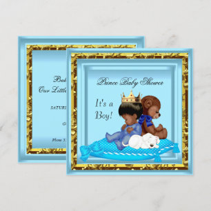 Invitación Ducha de bebé afroamericano azul oro niño príncipe