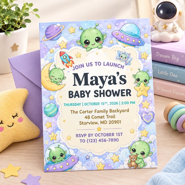 Invitación Ducha de Bebé Alien Espacial Adorable (Cute Space Alien Baby Shower Invitation ✨ Personalized 5x7 design with adorable aliens, stars, plane)