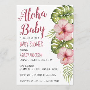 Invitación Ducha de Bebé Aloha Floral Tropical Acuarela Rosa