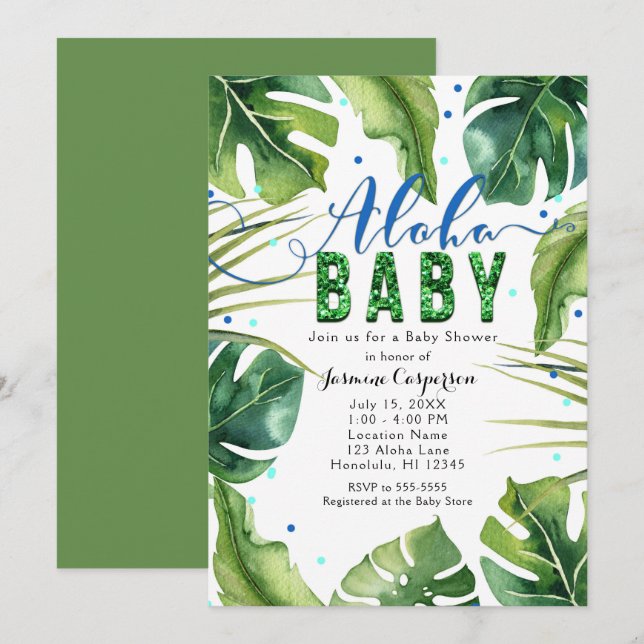 Invitación DUCHA DE BEBÉ ALOHA Hojas Tropicales Azul Verde (Anverso / Reverso)