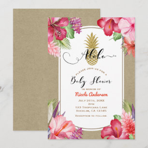 Invitación Ducha de Bebé Aloha Tropical Dorado Floral Piña