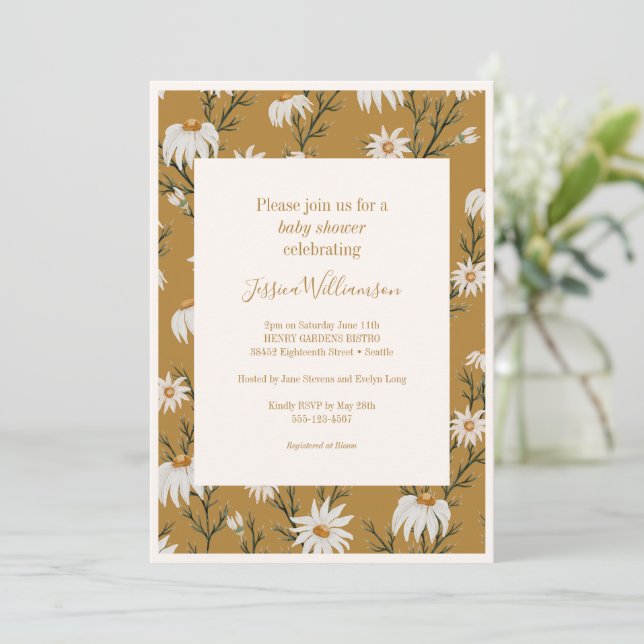 Invitación Ducha de Bebé Amarillo Boho Rústico Floral Daisies (Anverso de pie)