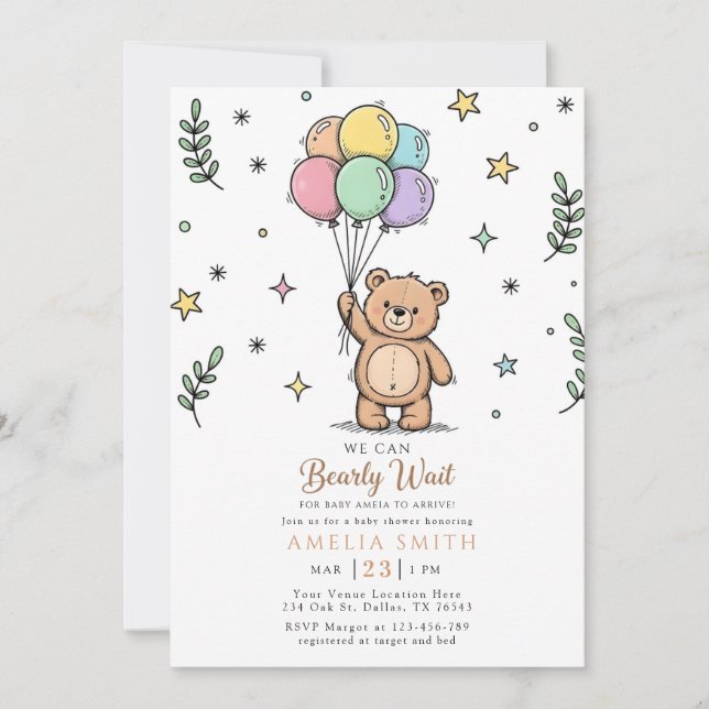 Invitación Ducha de bebé amigable con osito de peluche modern (Anverso)