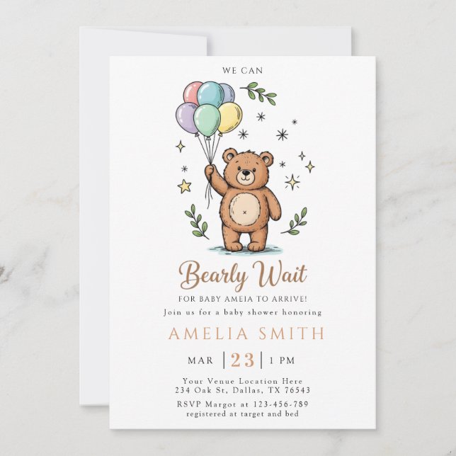 Invitación Ducha de bebé amigable con osito de peluche modern (Anverso)