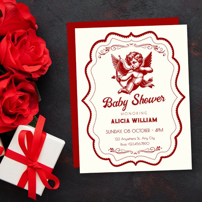 Invitación Ducha de bebé ángel cupido rojo (Subido por el creador)
