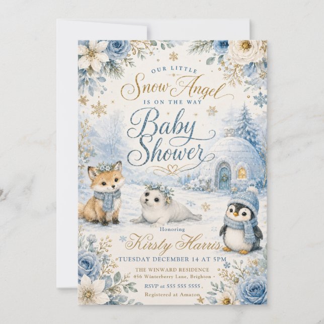 Invitación Ducha de bebé ángel de nieve (Anverso)