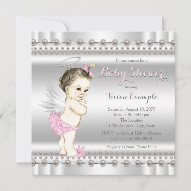 Invitación Ducha de Bebé Ángel Rosa y Plateado (Anverso)