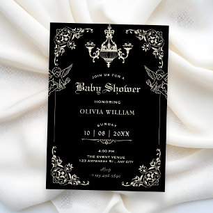 Invitación Ducha de bebé Ángeles de Arco Gótico Vintage Negro