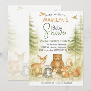 Invitación Ducha de Bebé Animales Bebés del Bosque Maderero L