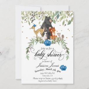 Invitación Ducha de Bebé Animales del Bosque Floral Niño Azul