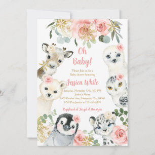 Invitación Ducha de Bebé Animales Florales Copos de Nieve