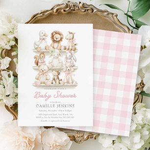 Invitación Ducha de Bebé Animalito Niña con Cuadro de Rosa