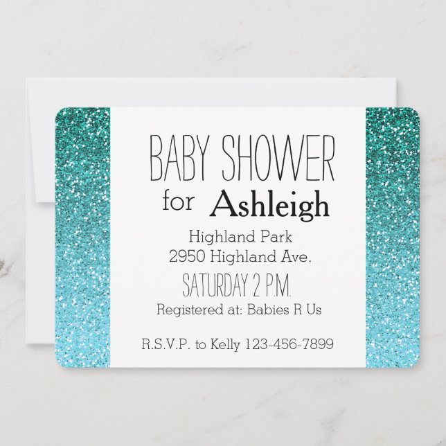 Invitación Ducha de bebé Aqua Purpurina Ombre (Anverso)