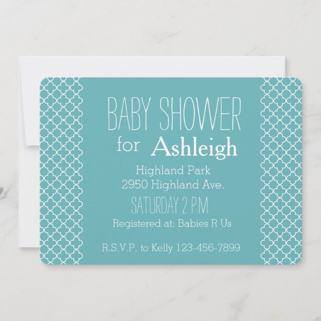 Invitación Ducha de bebé Aqua White Quatrefoil (Anverso)