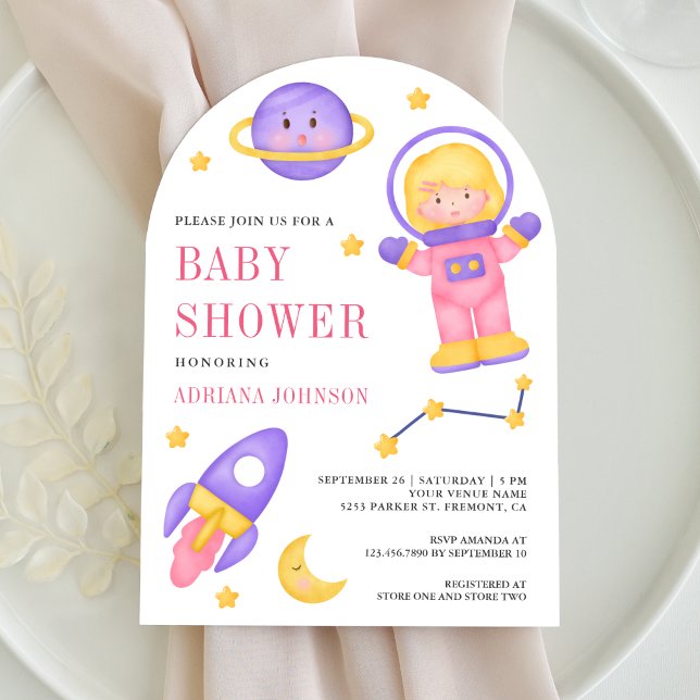 Invitación Ducha de Bebé Arco Astronauta Chica Rosa Espacio E (Subido por el creador)