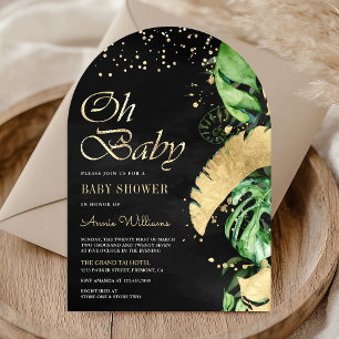 Invitación Ducha de Bebé Arco de Palma Monstera Tropical Oro 