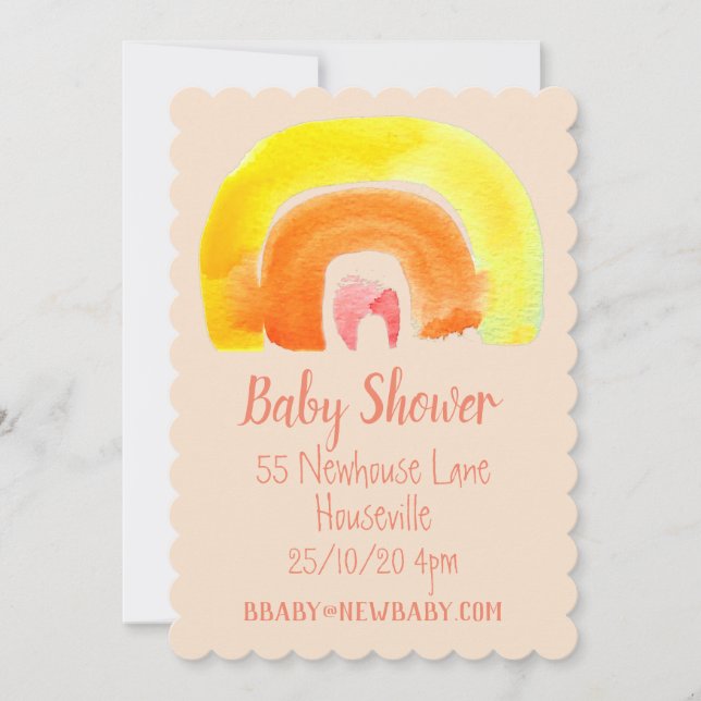 Invitación ducha de bebé arco iris amarillo naranja (Anverso)